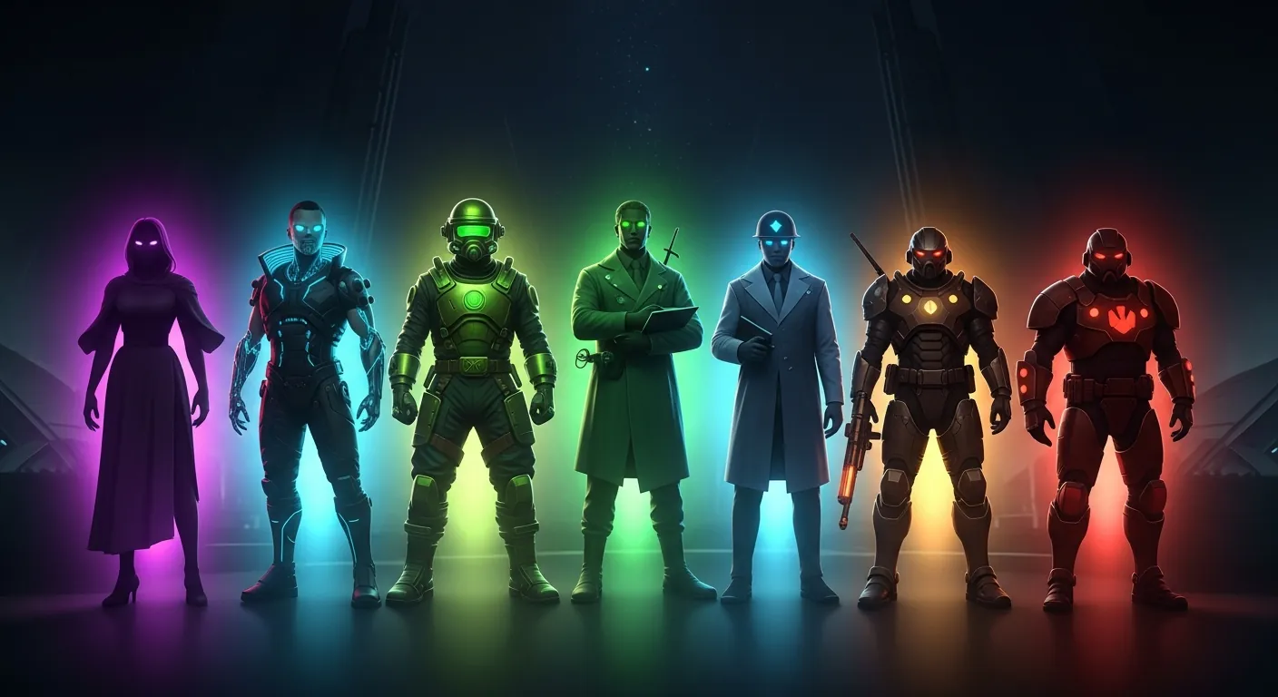 Seven character silhouettes each glowing with their signature color