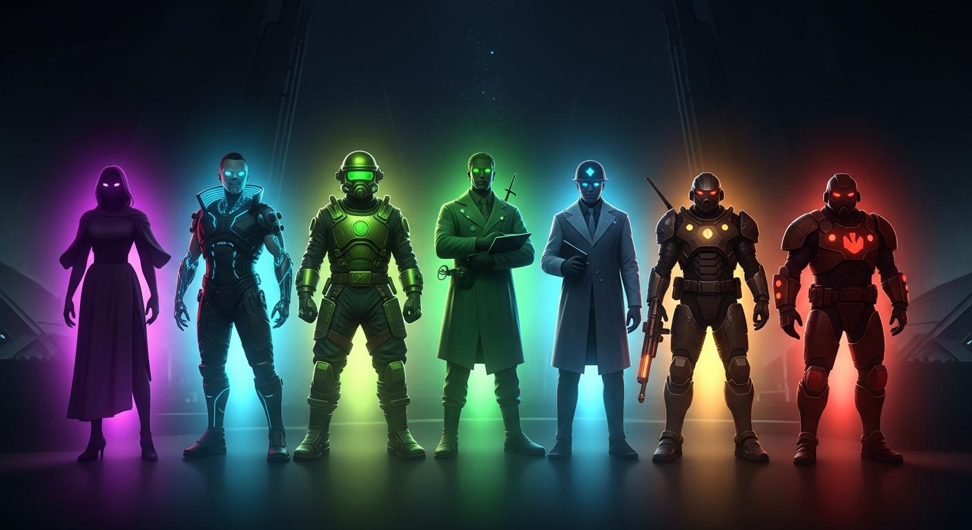 Seven character silhouettes each glowing with their signature color