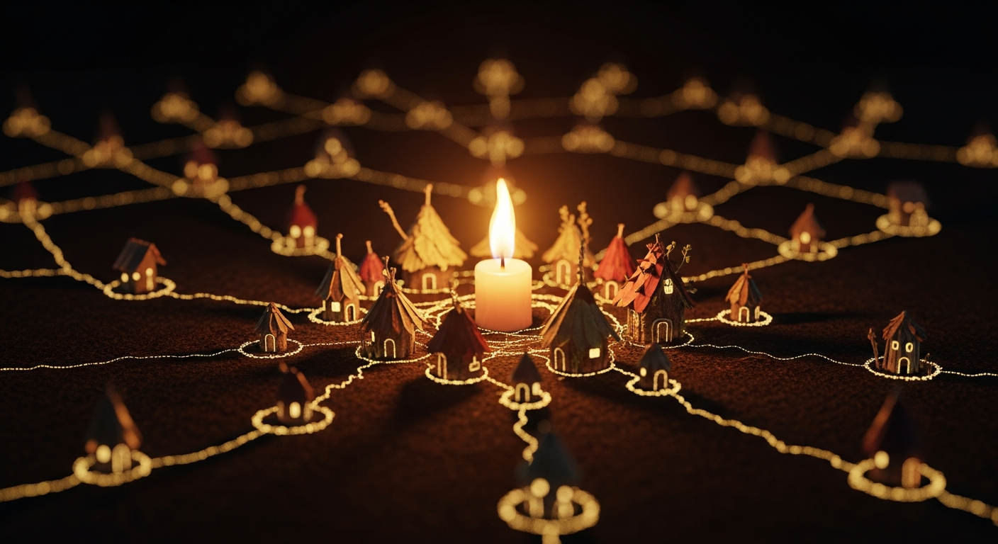 A candle flame illuminating a connected community
