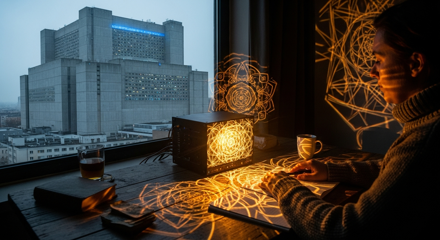 Personal compute node glowing warmly while a corporate data center looms outside