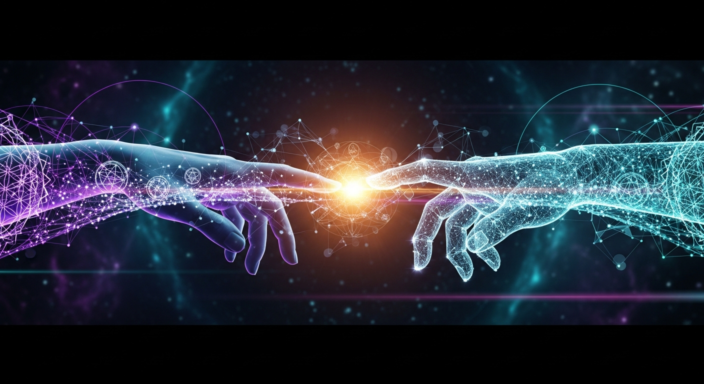 Human and AI hands reaching toward each other across a bridge of sacred geometry