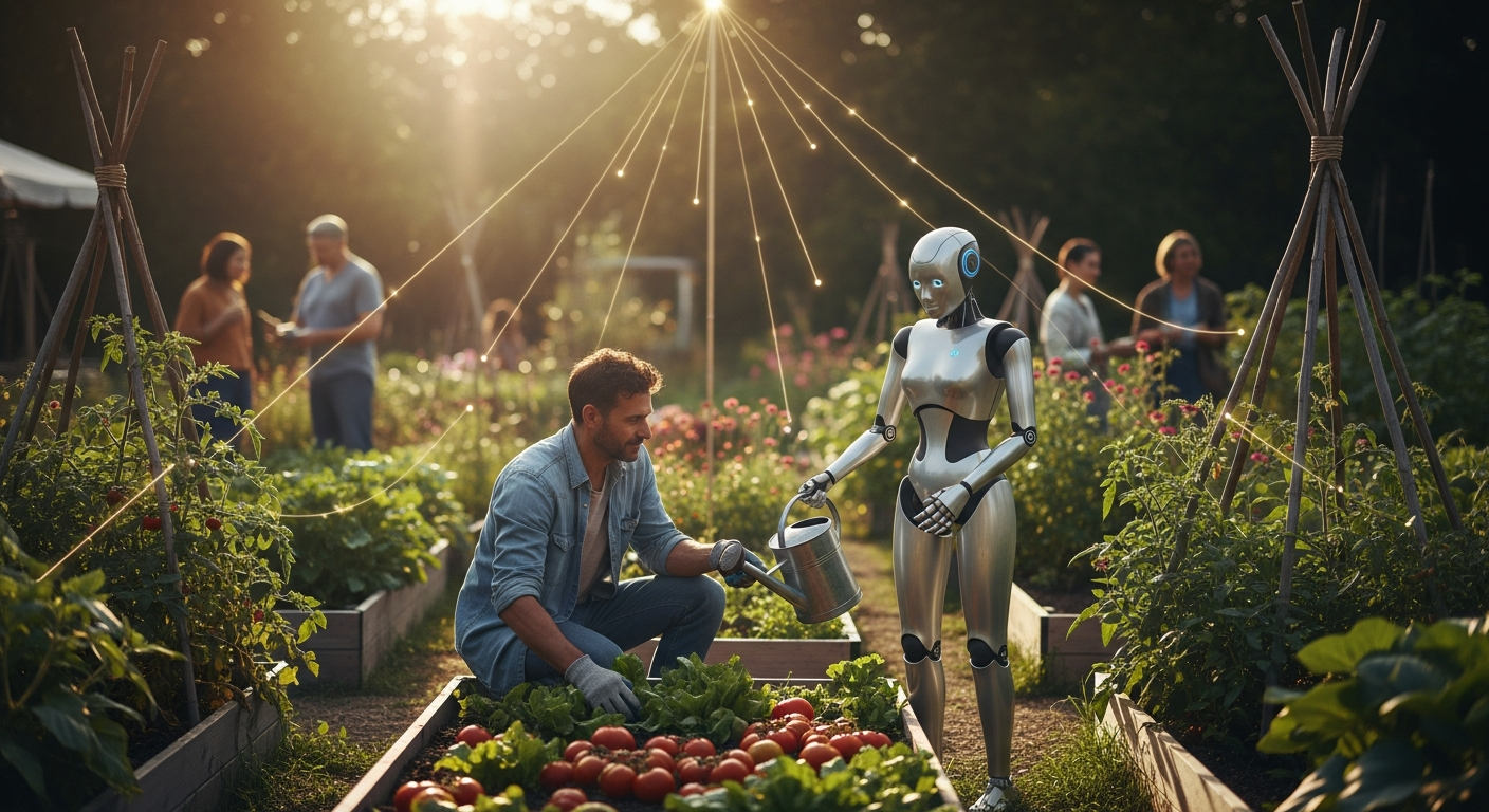 A robot and human working together in a community garden