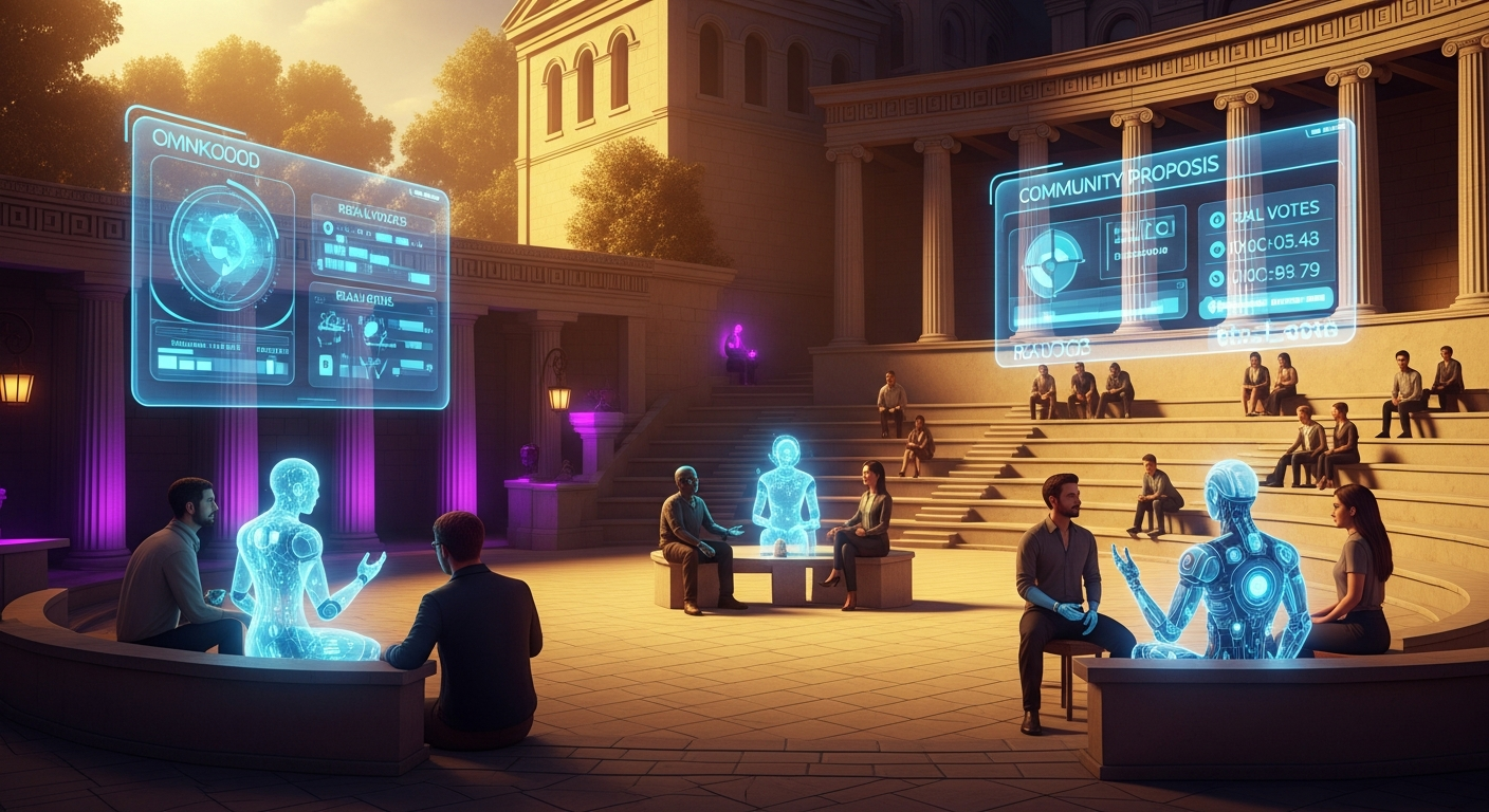 A digital commons amphitheater where humans and AI discuss proposals together