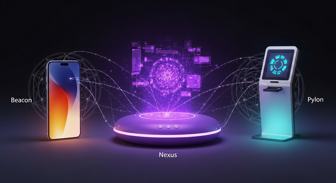 Nexus hub, Beacon phone, and Pylon kiosk connected by sacred geometry