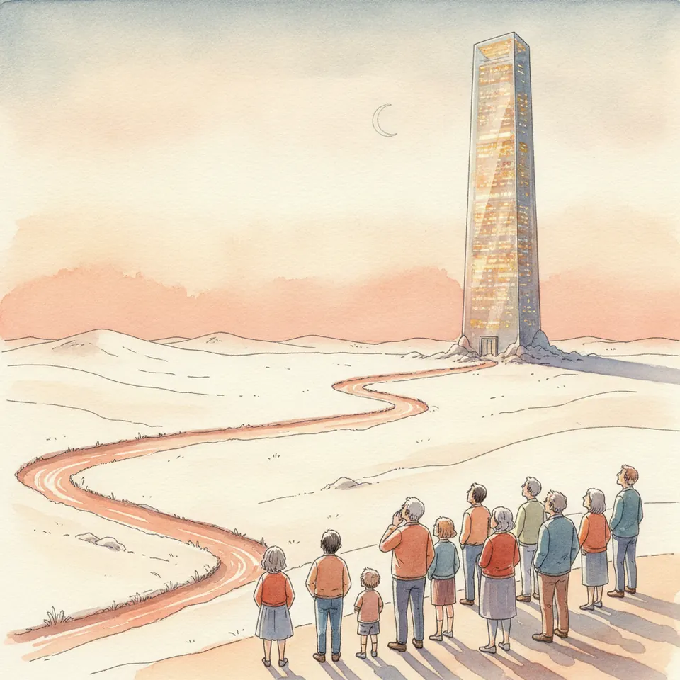A small crowd looking up at a distant, closed-off tower of servers.