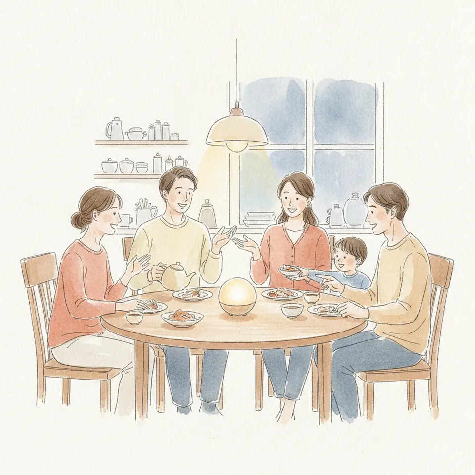 Family and neighbours around a kitchen table with a small glowing home device.