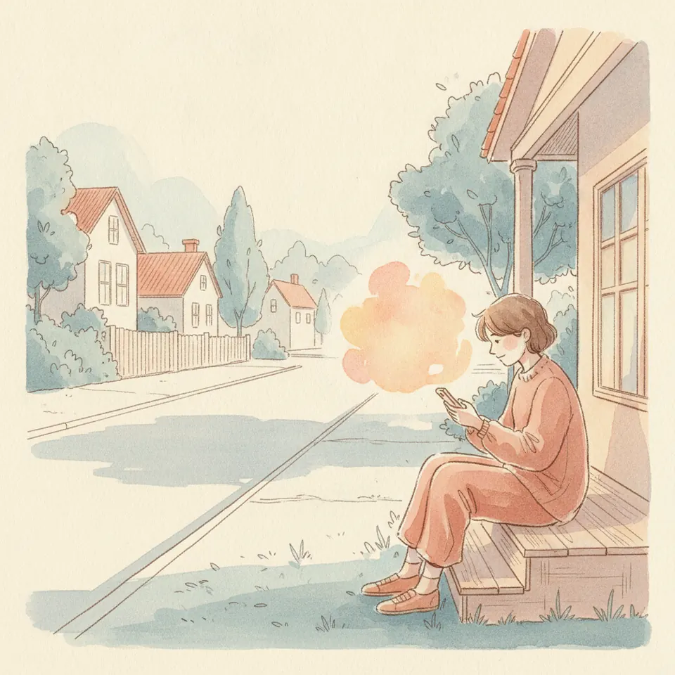 A person on a front step holding a phone, a warm glow rising from it.