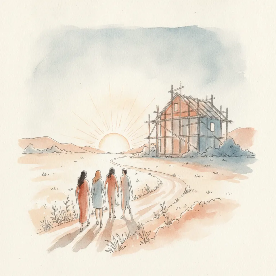 People walking together toward a building still under construction at sunrise.